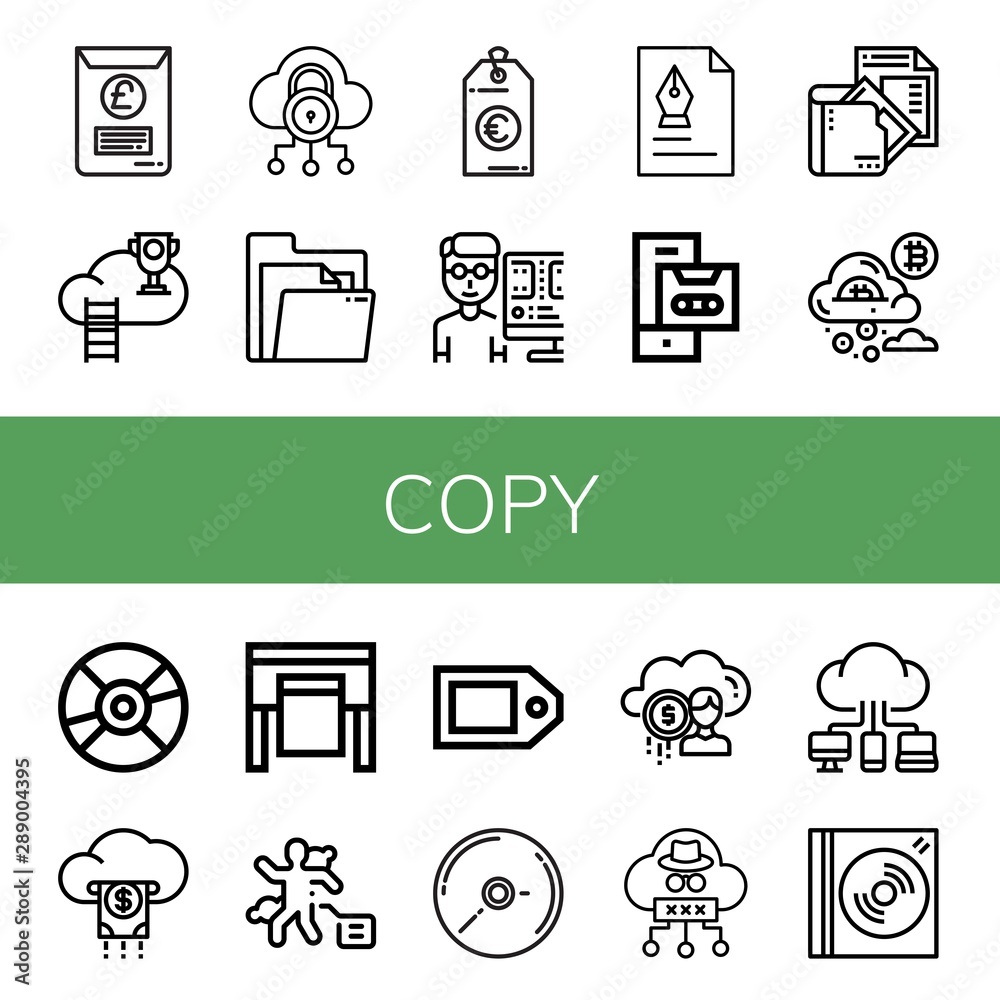Set of copy icons such as Document, Cloud, Price tag, Editor, Cassette, Compact disc, Plotter, Crime scene, Cd, Dvd , copy