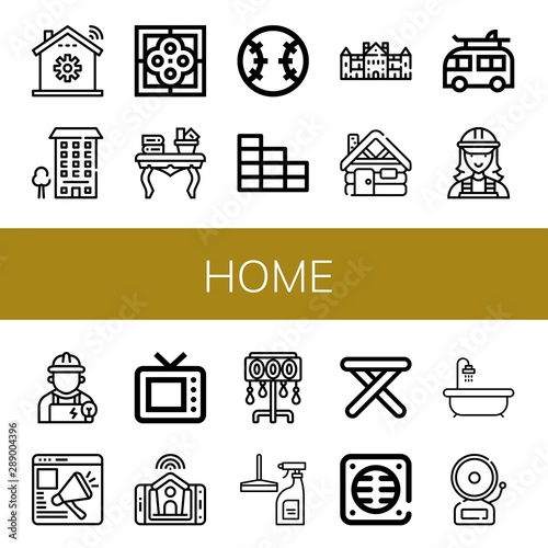 Set of home icons such as Home automation, Apartment, Tile, Coffee table, Baseball, Brick wall, Palace, Cabin, Camper, Electrician, Website, Old tv, Smart home, Floor lamp ,