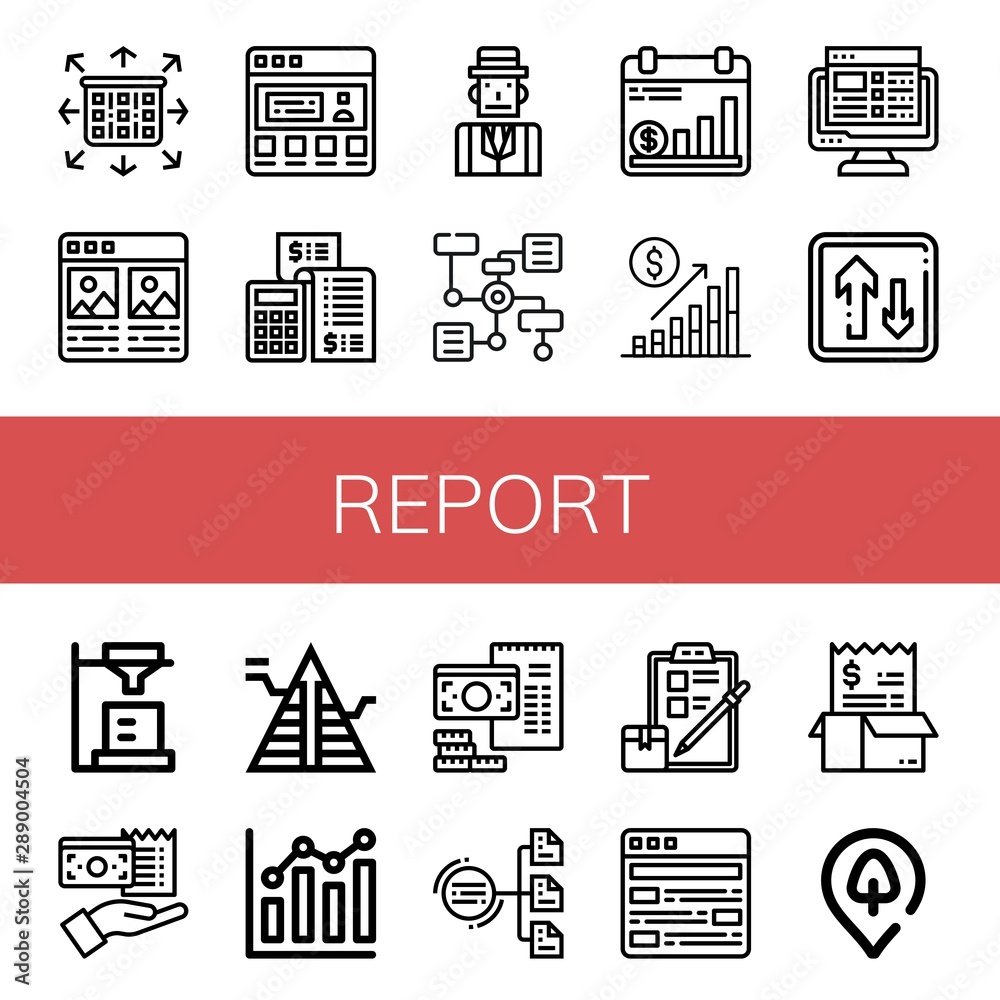 Set of report icons such as Planning, Portfolio, Testimonial, Accounting, Journalist, Diagram, Analytics, Bar chart, Task list, Priority, Analyst, Bill, Pyramid, Combination chart , report