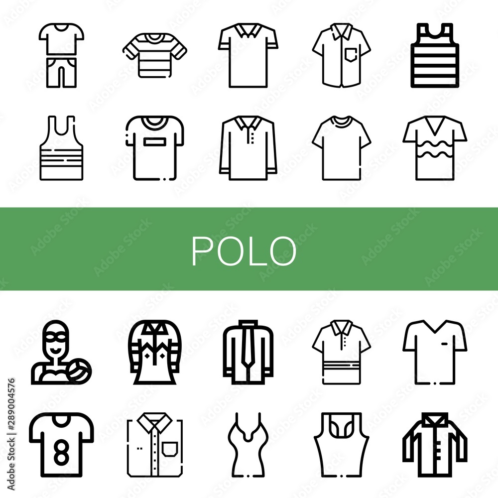 Set of polo icons such as Casual, Sleeveless shirt, Shirt, Tshirt, Polo shirt, Water polo, T ,