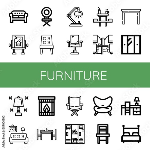 Set of furniture icons such as Sofa, Drawing table, Chair, Desk lamp, Dinner table, Office desk, Table, Wardrobe, lamp, Living room, Fireplace, Dinning , furniture