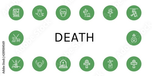 Set of death icons such as Guillotine, Ghost, Pollution, Widow, Ankh, Injury, Skull, Grave, Poison , death