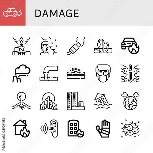 Set of damage icons such as Emission, Pollution, Air pollution, Drought, Car on fire, Flood, Overheat, Wildfire, Overpopulation, House on fire, Plastered arm, Collision , damage