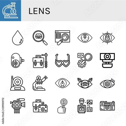 Set of lens icons such as Microscope, Blur, Search, Searching, Eye, View, Amateur camera, Camera bag, Sunglasses, Webcam, Camera, Vision, Cinema Photographer , lens