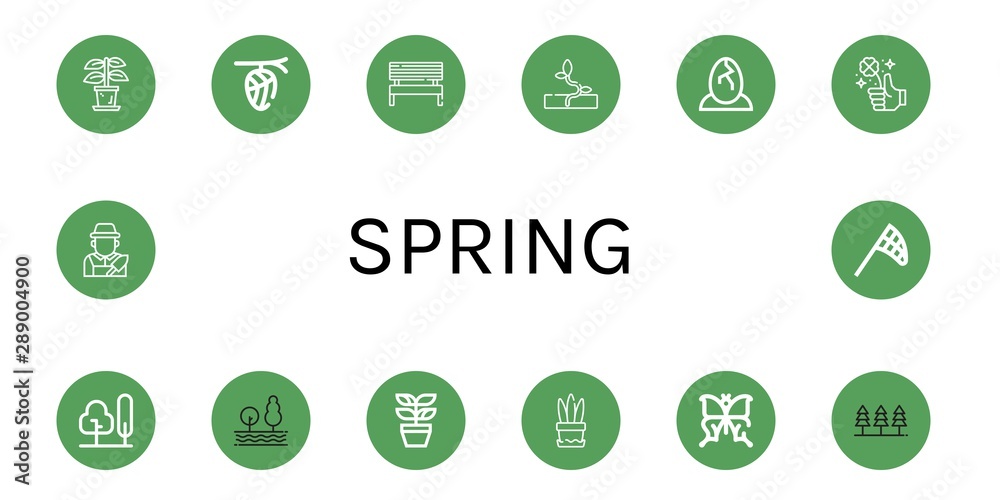 Set of spring icons such as Plant, Cocoon, Bench, Sprout, Eggs, Clover, Tree, Butterfly, Forest, Gardener, Butterfly net , spring Set of spring icons such as Plant, Cocoon, Bench, Sprout, Eggs, Clover, Tree, Butterfly, Forest, Gardener, Butterfly net , spring