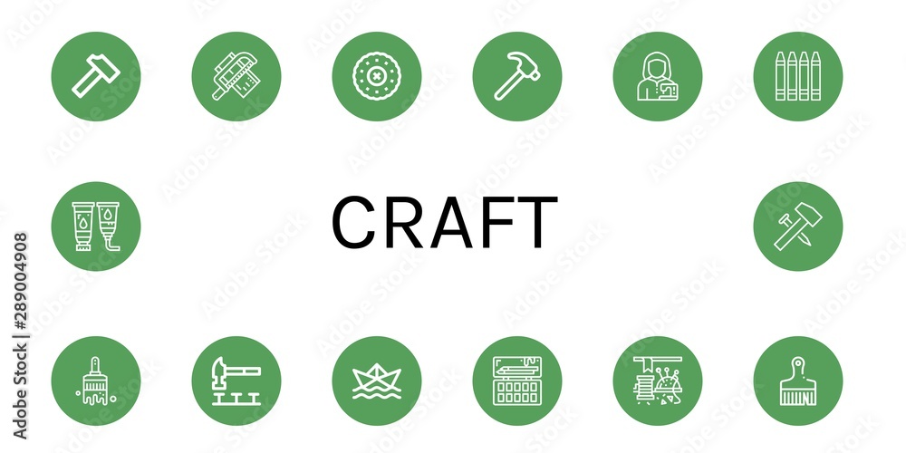 Set of craft icons such as Hammer, Saw, Embroidery, Tailor, Crayons, Paint brush, Paper ship, Painting palette, Sewing, Brush, Paint tube , craft Set of craft icons such as Hammer, Saw, Embroidery, Tailor, Crayons, Paint brush, Paper ship, Painting palette, Sewing, Brush, Paint tube , craft