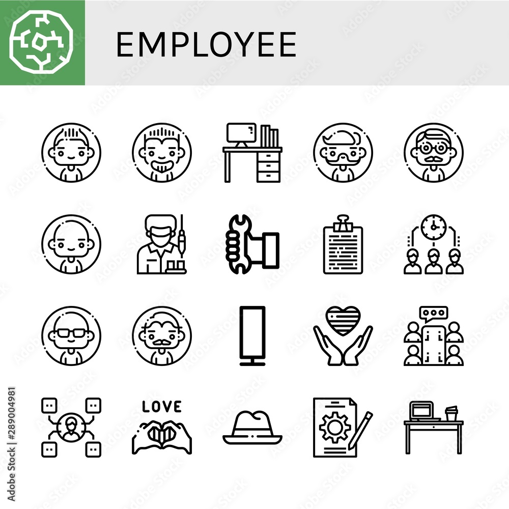 Set of employee icons such as Wheel, Man, Desk, Worker, Curriculum, Time management, Paper lamp, Pride, Meeting, Skill, Hat, Job , employee