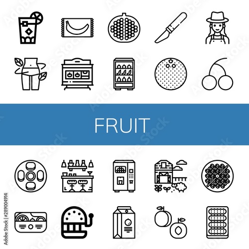Set of fruit icons such as Cuba libre, Diet, Banana, Slot machine, Pomegranate, Fruits, Slice, Coconut, Gardener, Cherry, Cheesecake, Salad, Bar, Juice, Juice box, Sheep farm , fruit