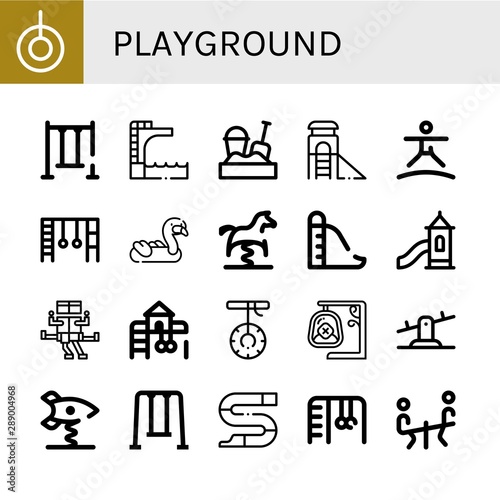 Set of playground icons such as Swing, Trampoline, Sandbox, Slide, Monkey bars, Inflatable, Spring swing horse, Toboggan, Playground, Seesaw, Spring swing rocket , playground