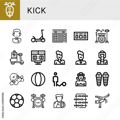 Set of kick icons such as Scooter, Soccer player, Scoreboard, Drum kit, Judo, Wushu, Taekwondo, Pool kickboard, Ball, Muay thai, Shin, Soccer ball, Drum set, Footballer , kick