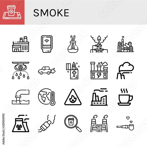 Set of smoke icons such as Coffee cup, Factory, Detector, Scent, Pollution, Sprinkler, Emission, Lighter, Global warming, Fire sign, Cup, Nuclear plant, Pipe of peace , smoke