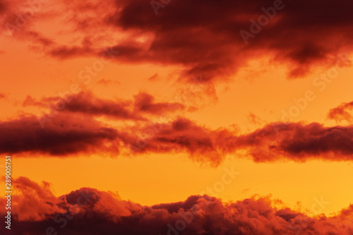 Orange clouds glowing by disappearing rays at sunset floating across yellow sky. Summer amazing view of skyscape, natural meteorology background. Soft focus, motion blur clouds.