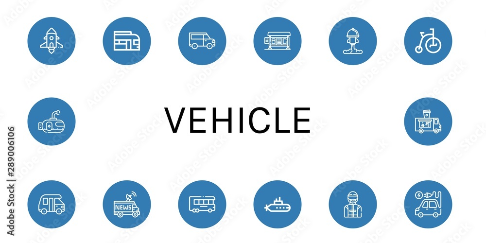 Set of vehicle icons such as Spaceship, Train, Van, Bus stop, Rocket, Tricycle, Truck, Submarine, Driver, Electric vehicle, Food truck , vehicle Set of vehicle icons such as Spaceship, Train, Van, Bus stop, Rocket, Tricycle, Truck, Submarine, Driver, Electric vehicle, Food truck , vehicle