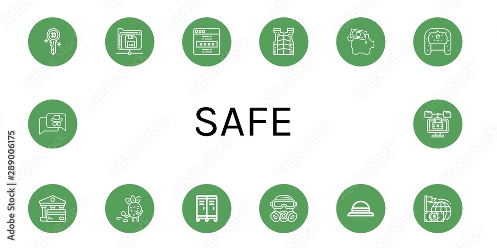 Set of safe icons such as Key, Save, Password, Bulletproof vest, Piggy bank, Hat, Bank, Detective, Locker, Gas mask, Finance, Hacker, Lock , safe Set of safe icons such as Key, Save, Password, Bulletproof vest, Piggy bank, Hat, Bank, Detective, Locker, Gas mask, Finance, Hacker, Lock , safe