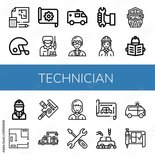 Set of technician icons such as Blueprint, Helmet, Worker, Ambulance, Technician, Engineer, Draft, Technical Support, Manufacture , technician