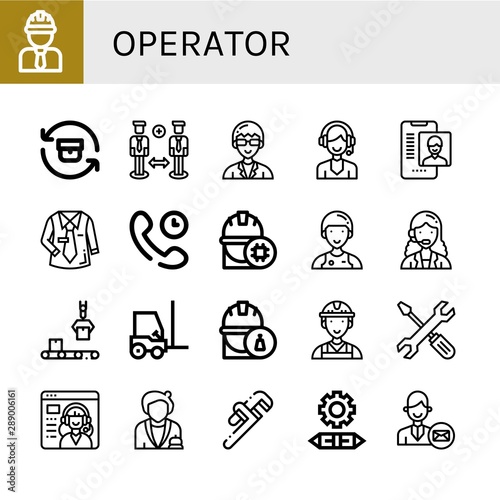 Set of operator icons such as Engineer, Return, Support, Technician, Online support, Uniform, Technical Support, Assistant, Customer service agent, Conveyor, Forklift , operator
