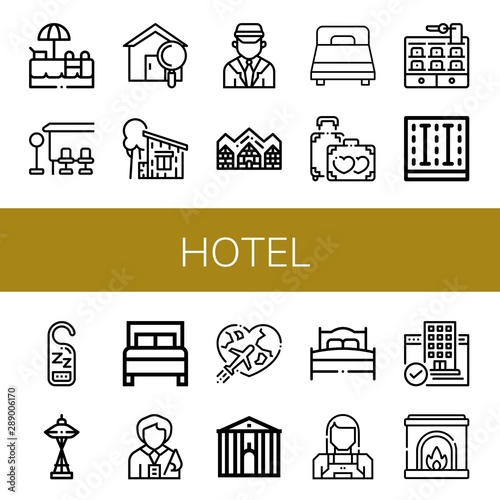 Wallpaper Mural Set of hotel icons such as Swimming pool, Bus stop, House, Cottage, Chauffeur, Hotel de glace, Bed, Honeymoon, Hotel, Do not disturb, Space needle, Tour guide, Town hall , Torontodigital.ca