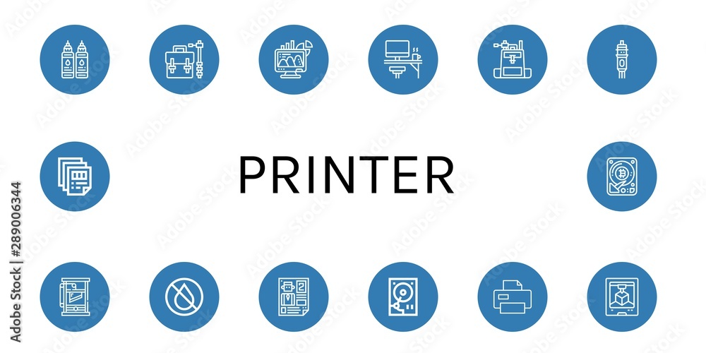 Set of printer icons such as Ink, Camera bag, Office, Cartridge, Guillotine, Leaflet, Hard disk, Printer, d printing, Printing , printer