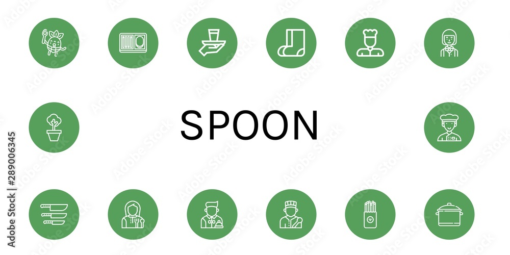 Set of spoon icons such as Eating, Meal, Serve, Valenki, Chef, Waiter, Knife, Lunchroom, Salty, Pot , spoon