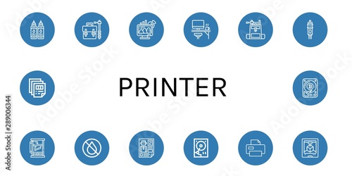 Set of printer icons such as Ink, Camera bag, Office, Cartridge, Guillotine, Leaflet, Hard disk, Printer, d printing, Printing , printer