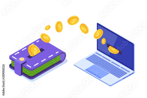 Money transfer from wallet to PC.  Isometric vector illustration.
