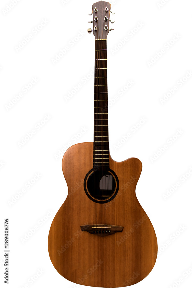 The guitar is made of real wood on a white background