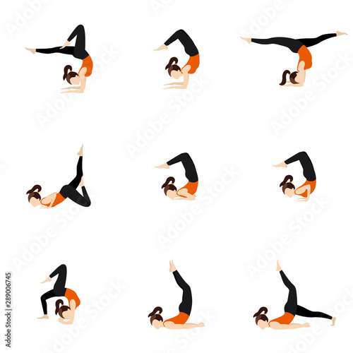Scorpion variations yoga asanas set/ Illustration stylized woman practicing vrschikasana variations