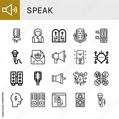 Set of speak icons such as Speaker, Microphone, Commandments, Chat, Announcement, Megaphone, Mute, Bubbles, Thinking, Loudspeaker, Blog , speak