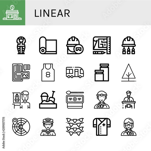 Set of linear icons such as Coffee shop, Sarcophagus, Yoga mat, Engineer, Blueprint, Blog, Tank top, Minibus, Jars, Tree, Graphic designer, Sandbox, Cottage, Doctor, Eyewitness , linear