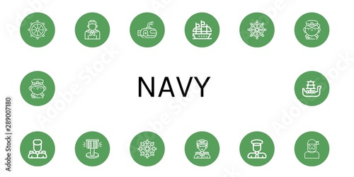 Set of navy icons such as Helm, Sailor, Submarine, Galleon, Captain, Military, Bollard, Battleship , navy