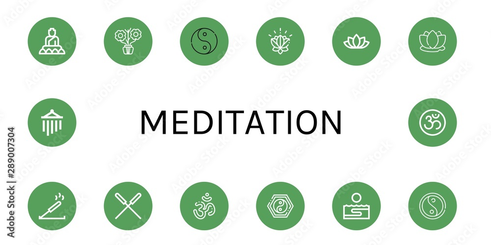 Set of meditation icons such as Buddha, Aromatic, Ying yang, Lotus, Lotus flower, Incense, Acupuncture, Om, Yin yang, Thalassotherapy, Wind chimes , meditation Set of meditation icons such as Buddha, Aromatic, Ying yang, Lotus, Lotus flower, Incense, Acupuncture, Om, Yin yang, Thalassotherapy, Wind chimes , meditation