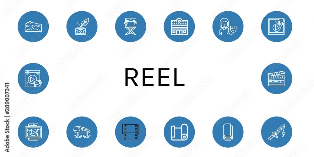 Set of reel icons such as Hollywood, Inkwell, Director chair, Cinema, Actor, Video, Fishing baits, Film, Paper roll, Roll, Fishing rod, Clapperboard , reel