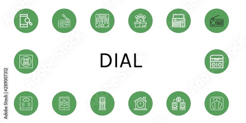 Set of dial icons such as Smartphone, Radio, Digital clock, Time, Bathroom scale, Clock , dial