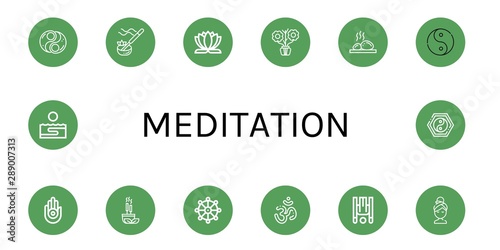 Bild auf Leinwand Set of meditation icons such as Yin yang, Incense, Lotus flower, Aromatic, Litho