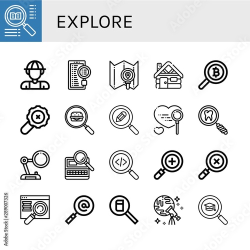 Set of explore icons such as Search, Explorer, Cabin, Magnifying glass, Searching, Discovery , explore