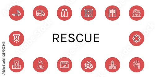 Set of rescue icons such as Tow truck, Ambulance, Vest, Hospital, Emergency exit, Lifeguard, Exit, Fire hose, Siren, Crown of thorns , rescue