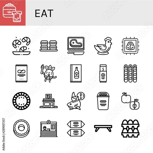Set of eat icons such as Peanut butter, Shrimp, Macaroons, Steak, Chicken, Chip, Crisps, Eating, Wine menu, Chocolate bar, Wafer, Plate, Restaurant, Shark, Popcorn, Apple , eat