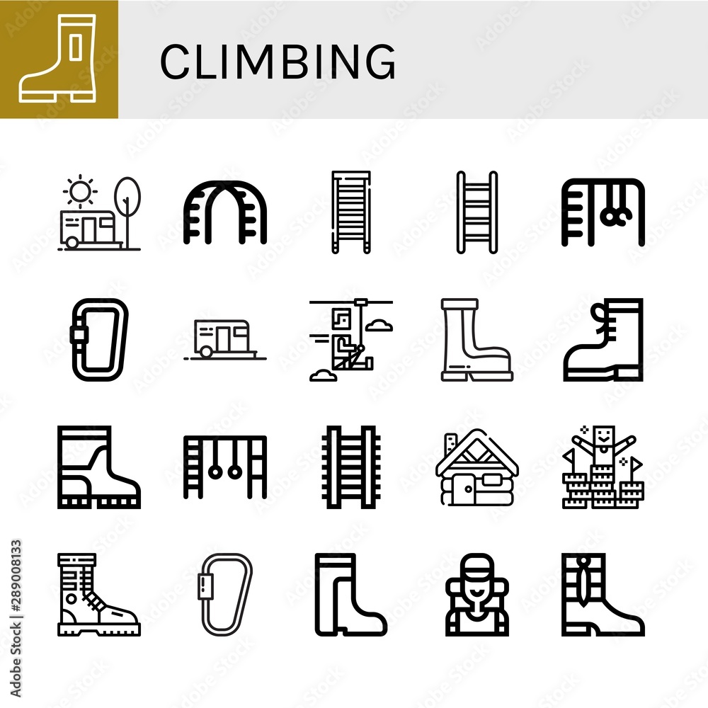 Set Of Climbing Icons Such As Boots Camping Stairs Ladder Monkey Bars Carabiner Zip Line Cabin Peak Boot Climber Climbing Stock Vector Adobe Stock
