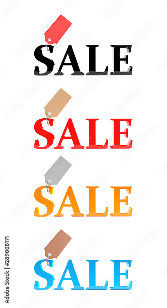 3d red sale word isolated over white background with reflection and shadow. 3D rendering set