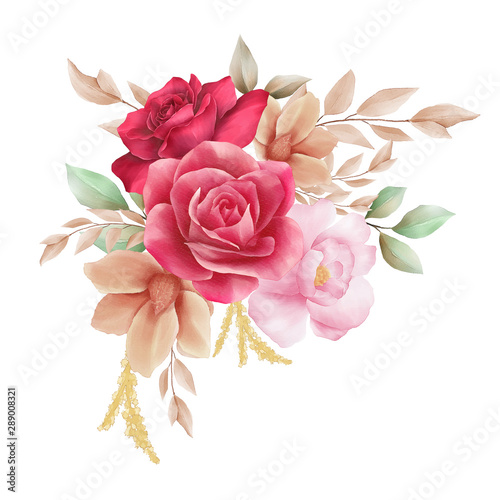Romantic watercolor flowers arrangements decorative. Floral illustration of red roses, peonies, leaf, bud, and branches. Wedding invitation or greeting cards border composition