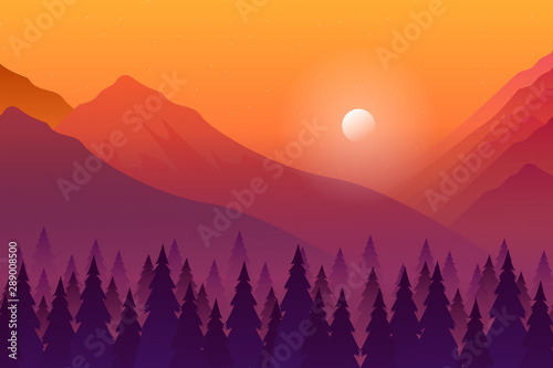 Abstract sunset landscape with colorful mountain and silhouette pine forest