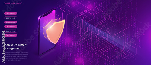 Data protection concept, online security guarantee, isometric vector. Smartphone, golden shield guards personal information on its screen, purple background with digital data stream, landing web page