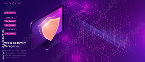 Data protection concept, online security guarantee isometric vector. Computer monitor, golden shield guards personal information on its screen, purple background with digital data stream, landing page