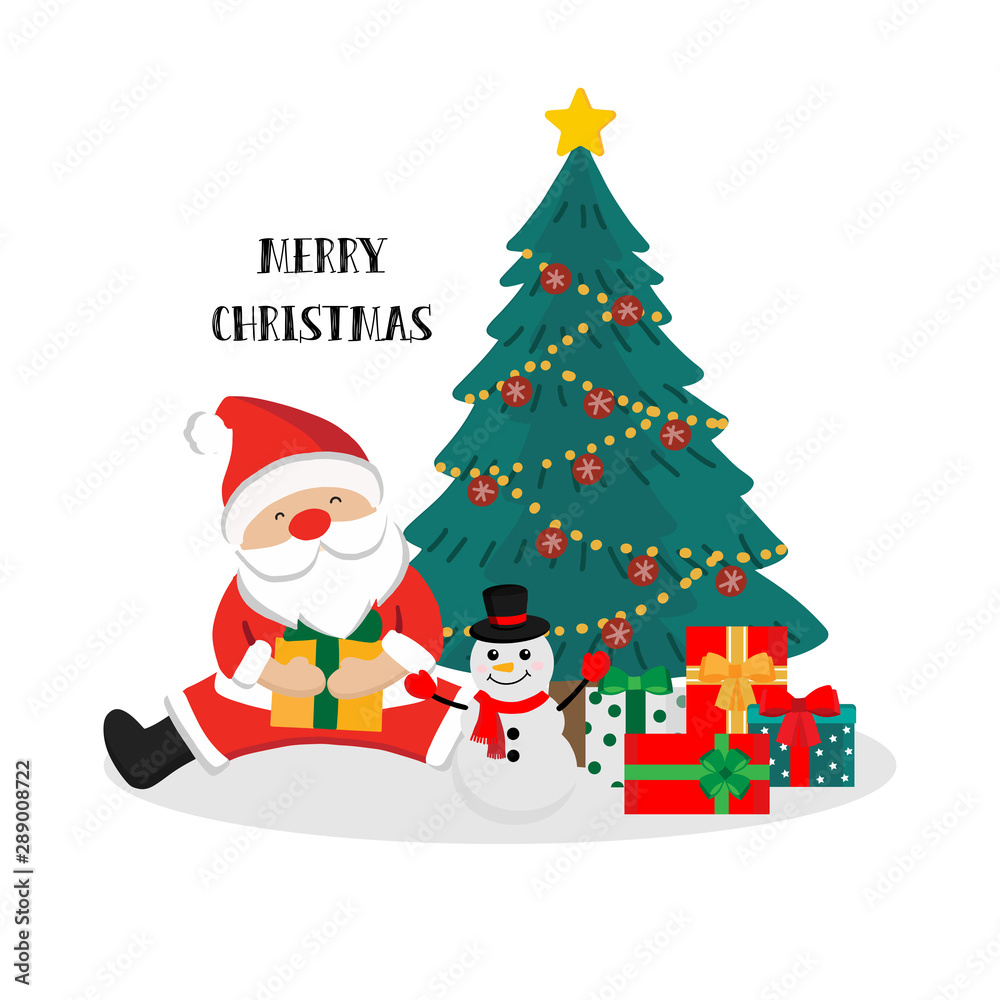 Merry Christmas greeting card with Santa Claus, snowman and tree. Merry Christmas greeting card with Santa Claus, snowman and tree.