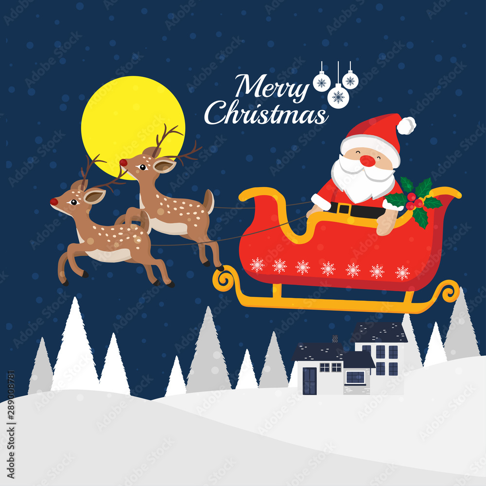 Merry Christmas greeting card. Cute cartoon Santa Claus riding reindeer  sleigh. Stock Vector | Adobe Stock