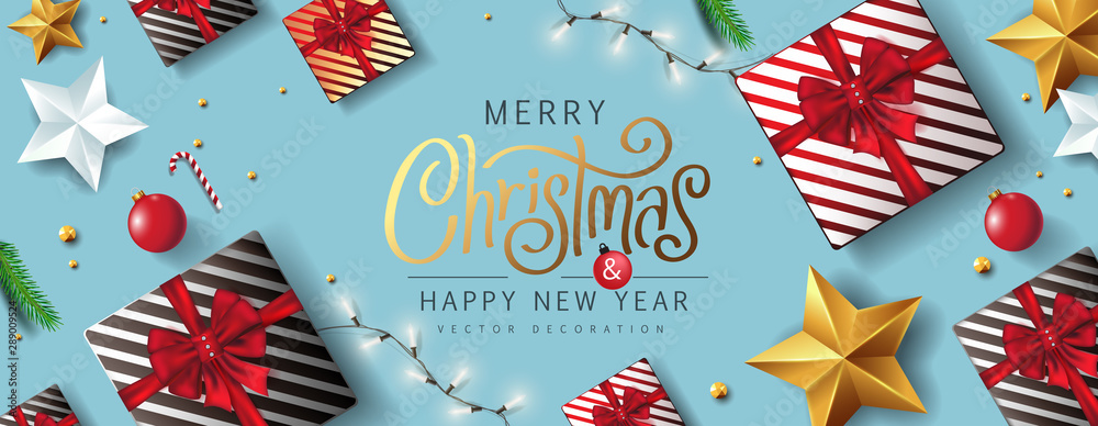 Merry Christmas and Happy New Year background banner.Merry Christmas vector text Calligraphic Lettering Vector illustration. - obrazy, fototapety, plakaty 