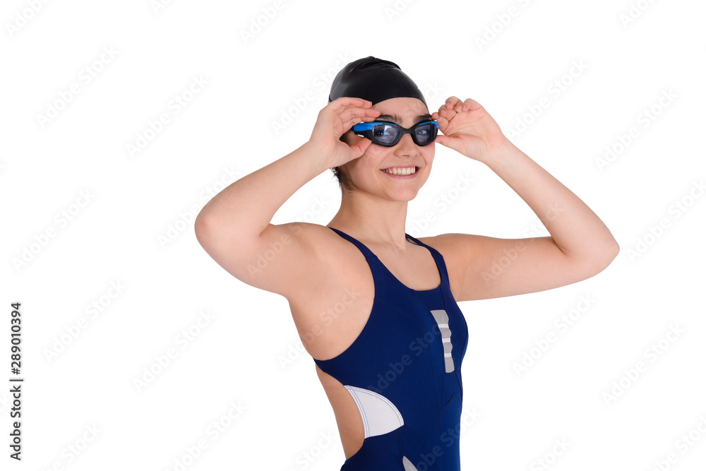 Portrait of swimmer girl in swimsuit.
