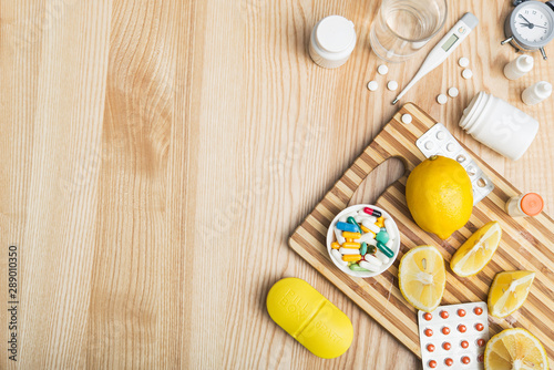 home care with pills, lemon, tablets and nasal spray.