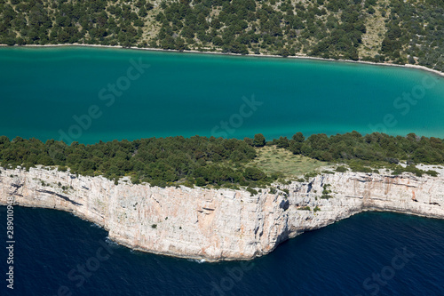 Aerial view of Telašćica Nature Park with the bay, cliffs and the salt lake