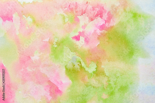 Fototapeta Naklejka Na Ścianę i Meble -  Abstract pink-green watercolor background, bright, contrast splashes, drops, smudges. Artistic background with paper texture.